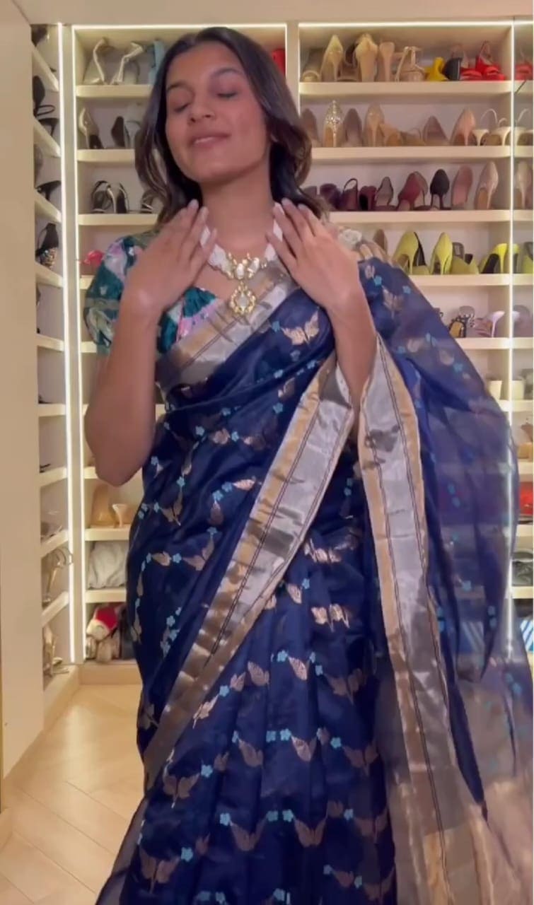 Blue Chanderi Saree - Charkha TalesBlue Chanderi Saree