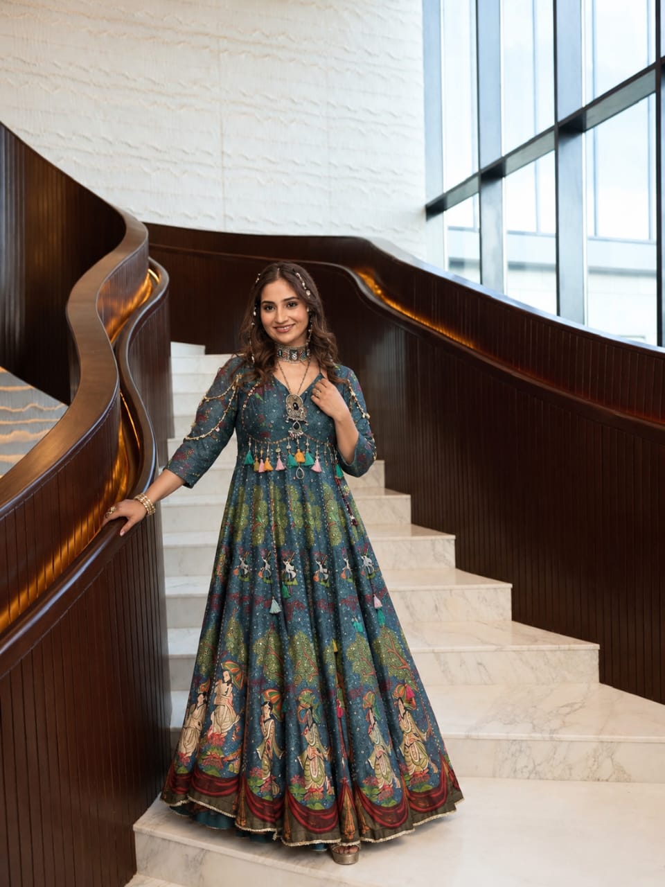 Blue Kalighat Indian Print Anarkali Dress - Charkha TalesBlue Kalighat Indian Print Anarkali Dress