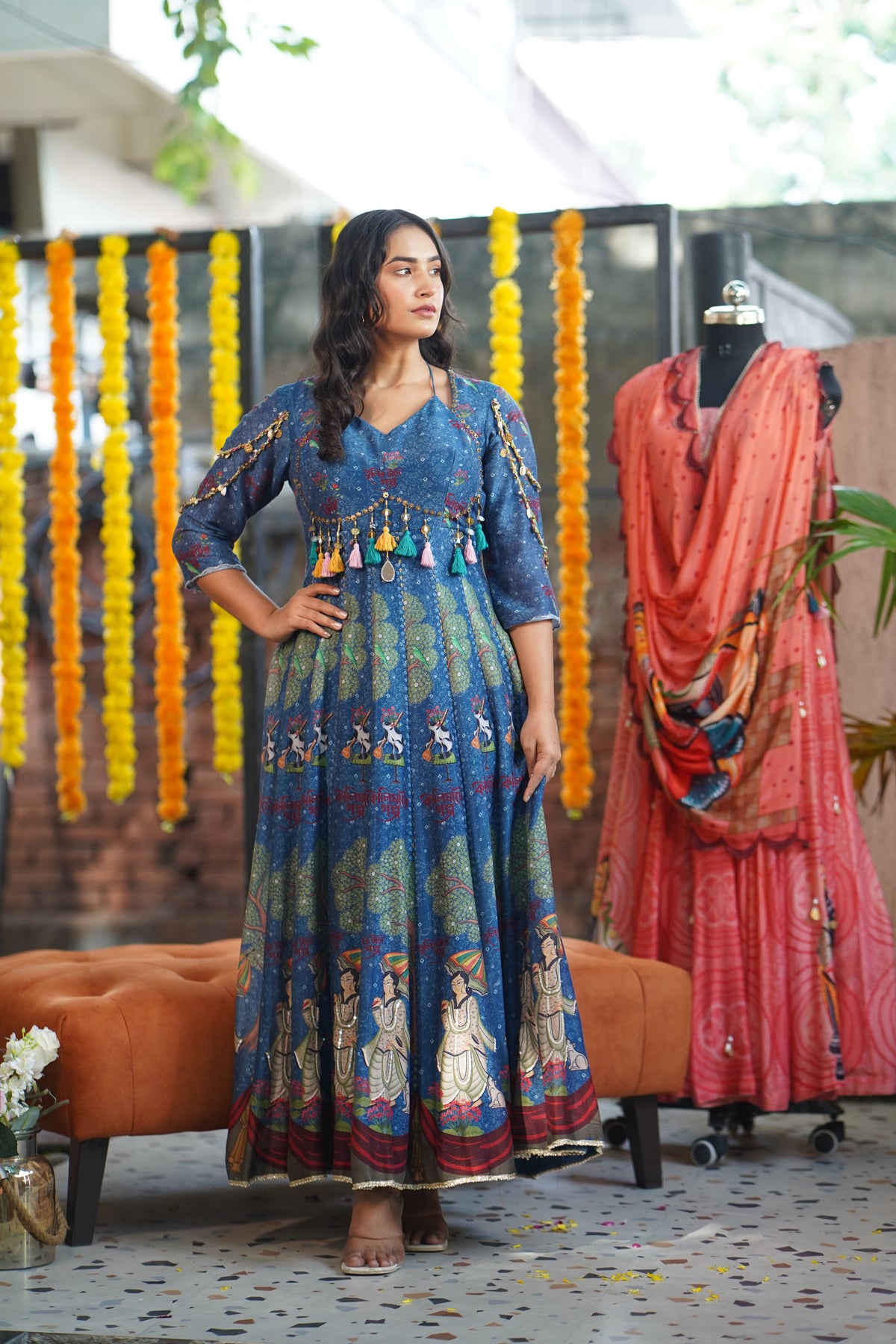 Blue Kalighat Indian Print Anarkali Dress - Charkha TalesBlue Kalighat Indian Print Anarkali Dress