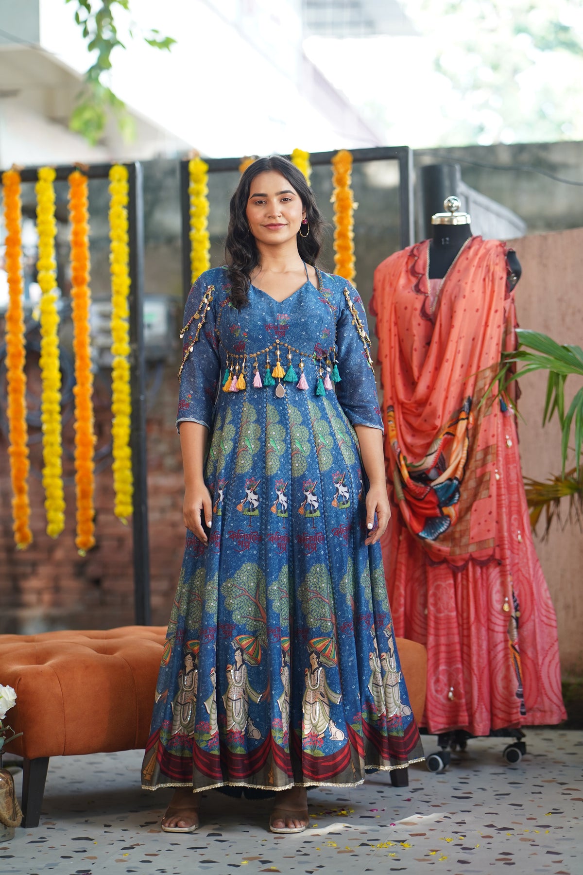 Blue Kalighat Indian Print Anarkali Dress - Charkha TalesBlue Kalighat Indian Print Anarkali Dress