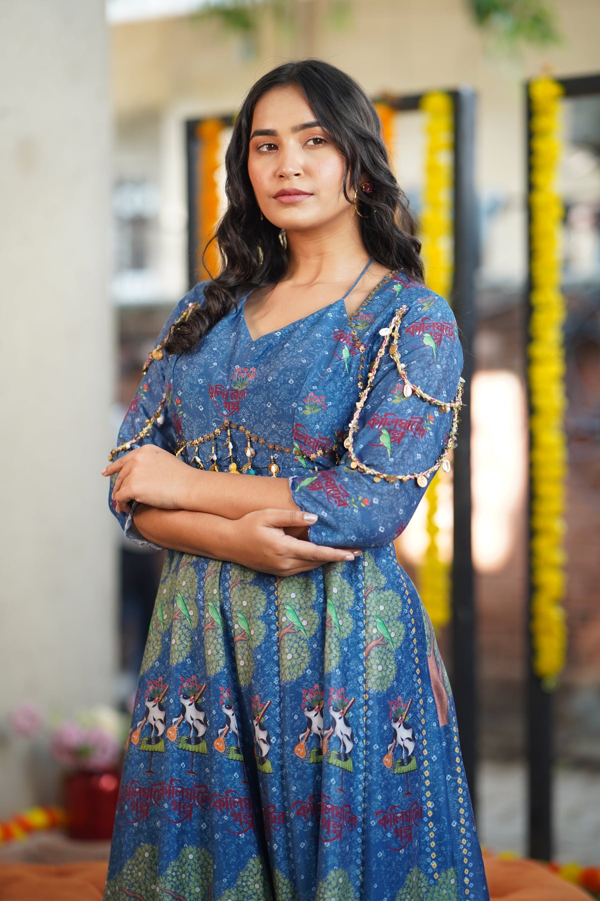 Blue Kalighat Indian Print Anarkali Dress - Charkha TalesBlue Kalighat Indian Print Anarkali Dress