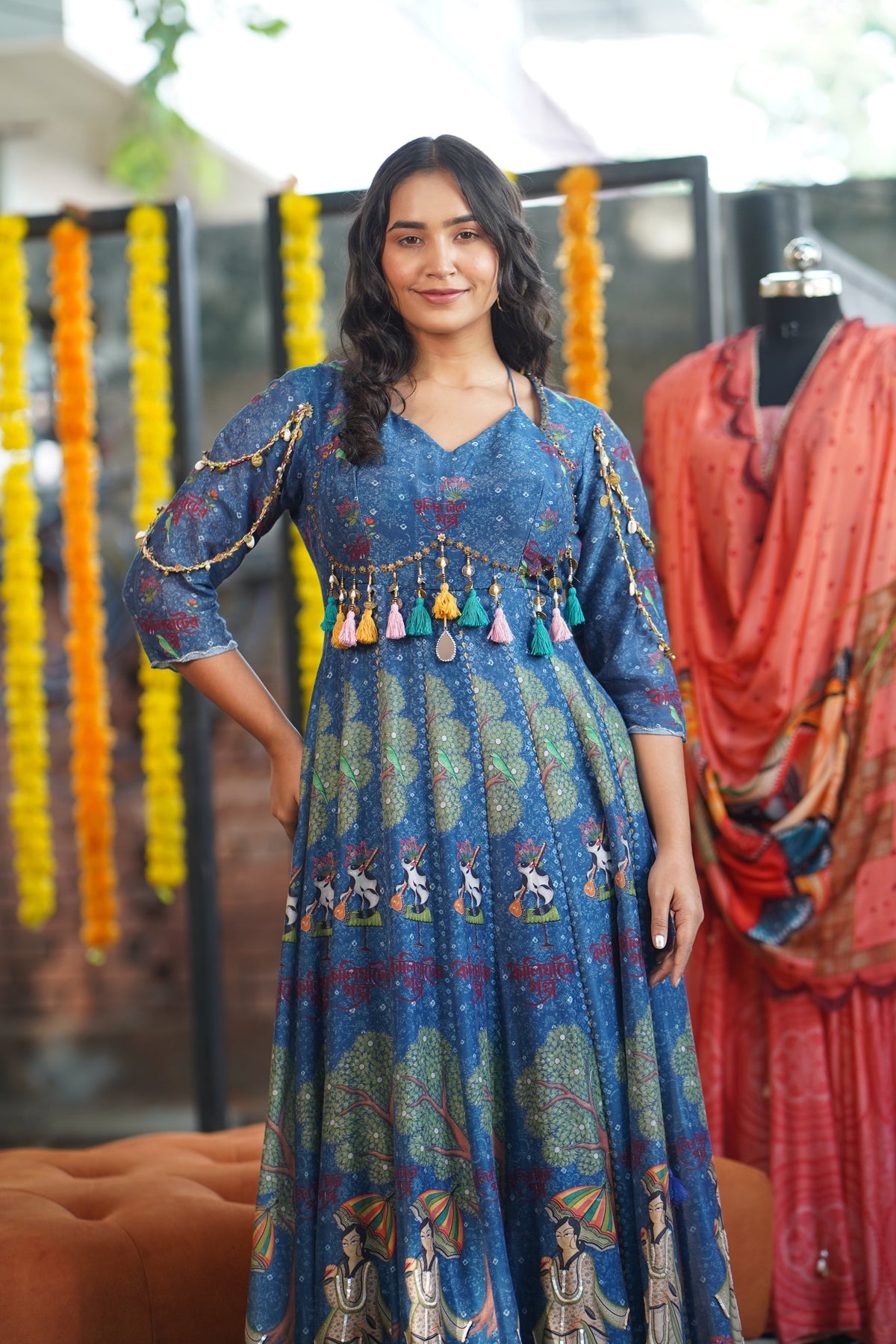 Blue Kalighat Indian Print Anarkali Dress - Charkha TalesBlue Kalighat Indian Print Anarkali Dress