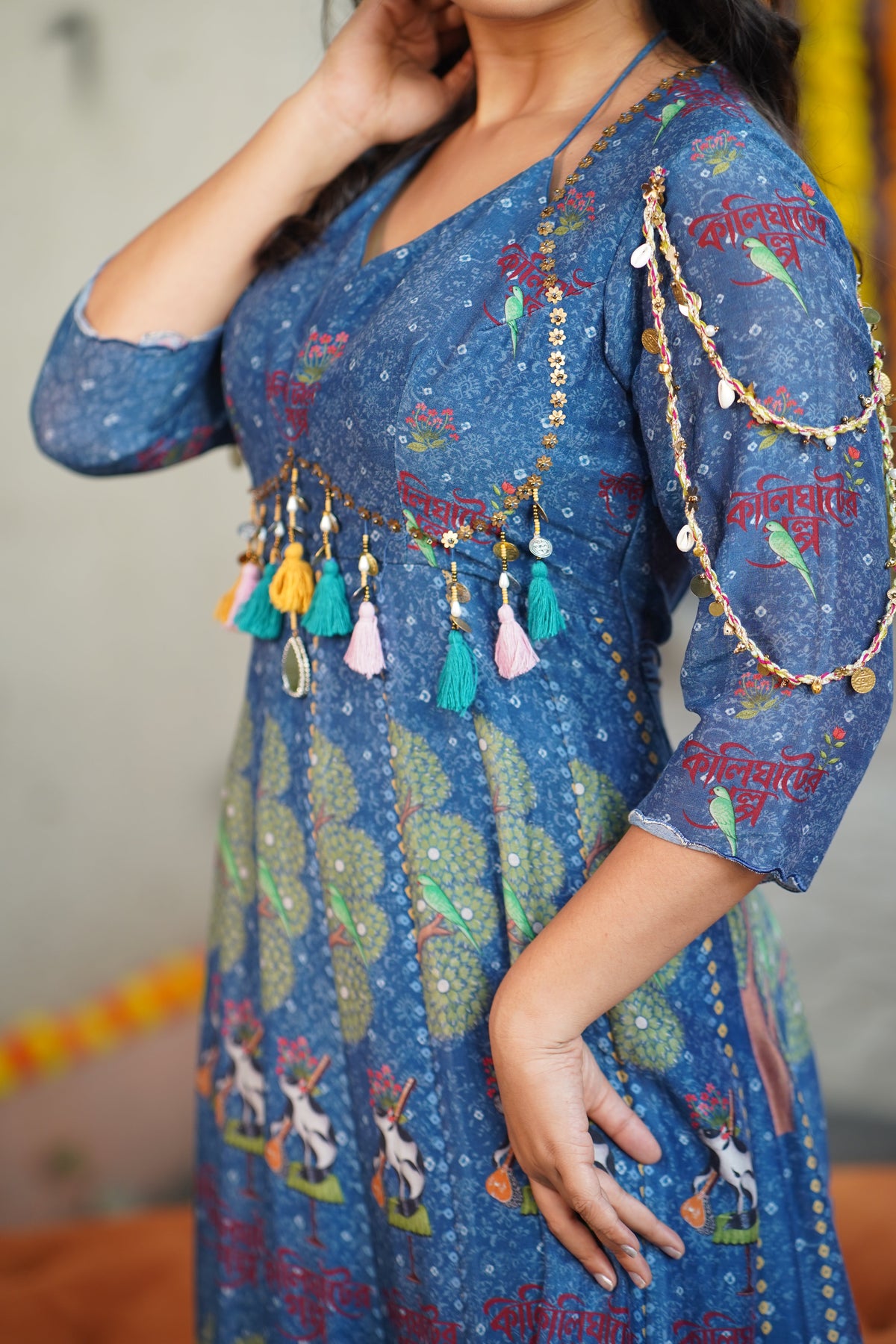 Blue Kalighat Indian Print Anarkali Dress - Charkha TalesBlue Kalighat Indian Print Anarkali Dress