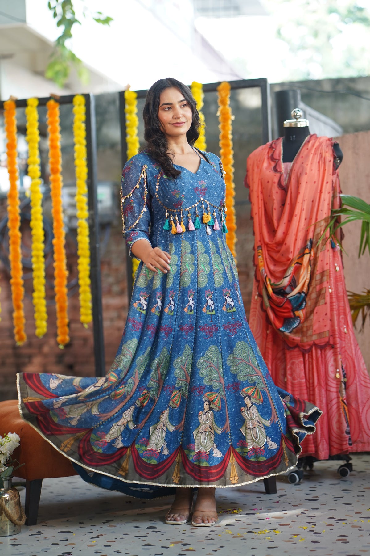 Blue Kalighat Indian Print Anarkali Dress - Charkha TalesBlue Kalighat Indian Print Anarkali Dress