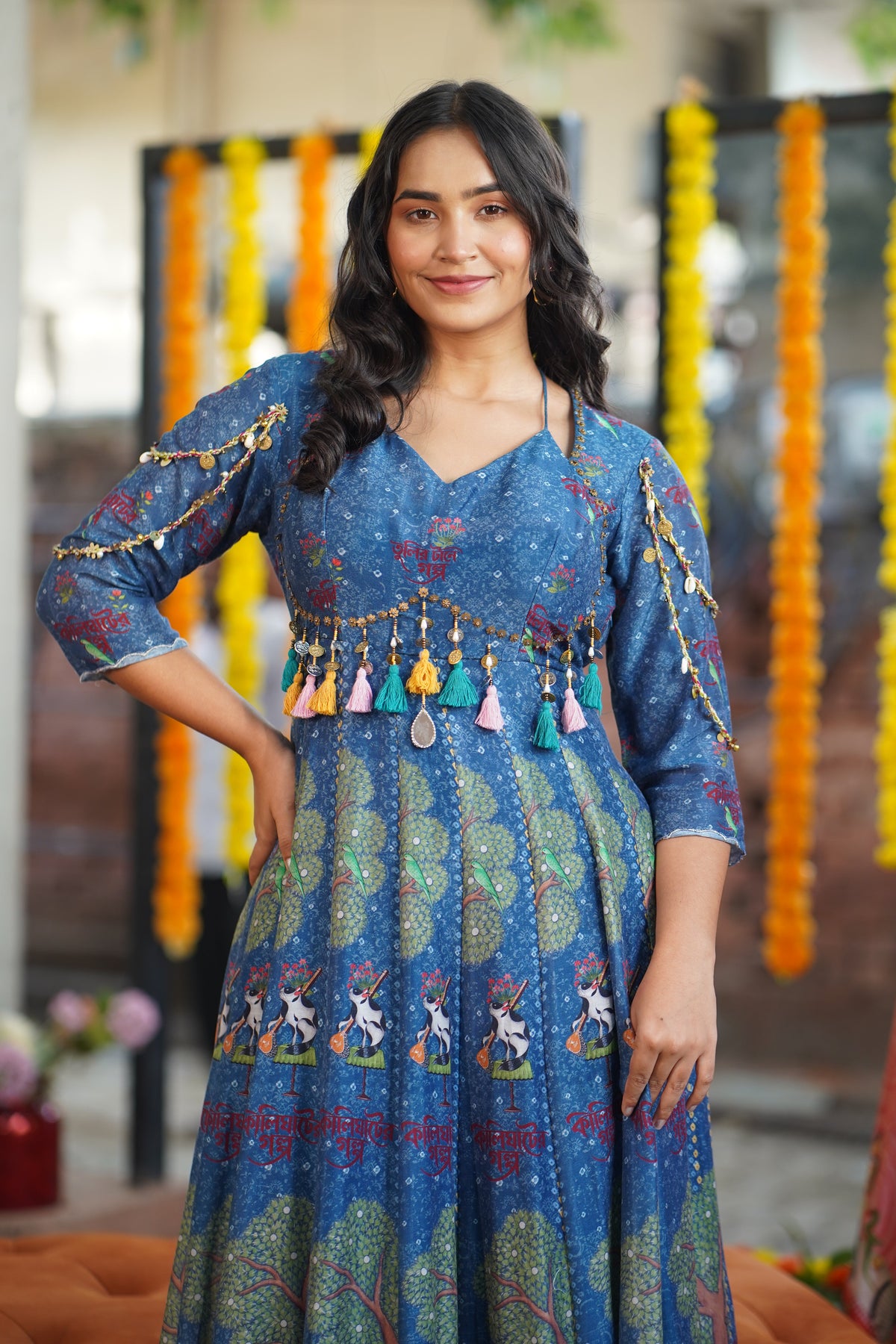 Blue Kalighat Indian Print Anarkali Dress - Charkha TalesBlue Kalighat Indian Print Anarkali Dress