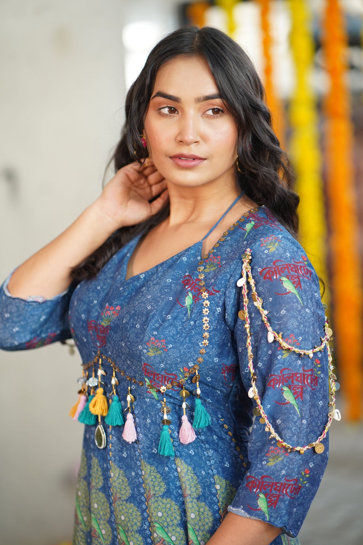 Blue Kalighat Indian Print Anarkali Dress - Charkha TalesBlue Kalighat Indian Print Anarkali Dress