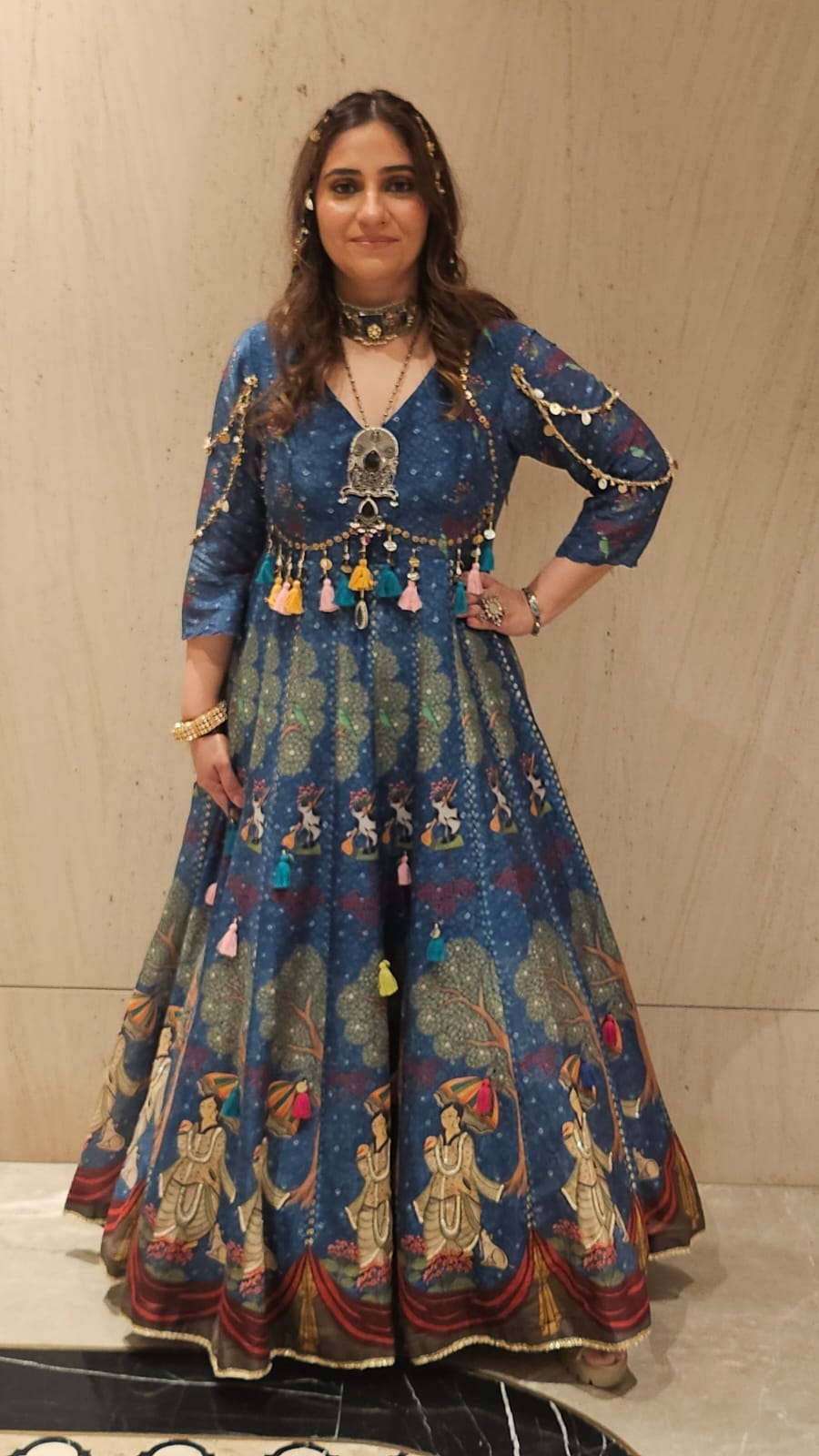 Blue Kalighat Indian Print Anarkali Dress - Charkha TalesBlue Kalighat Indian Print Anarkali Dress