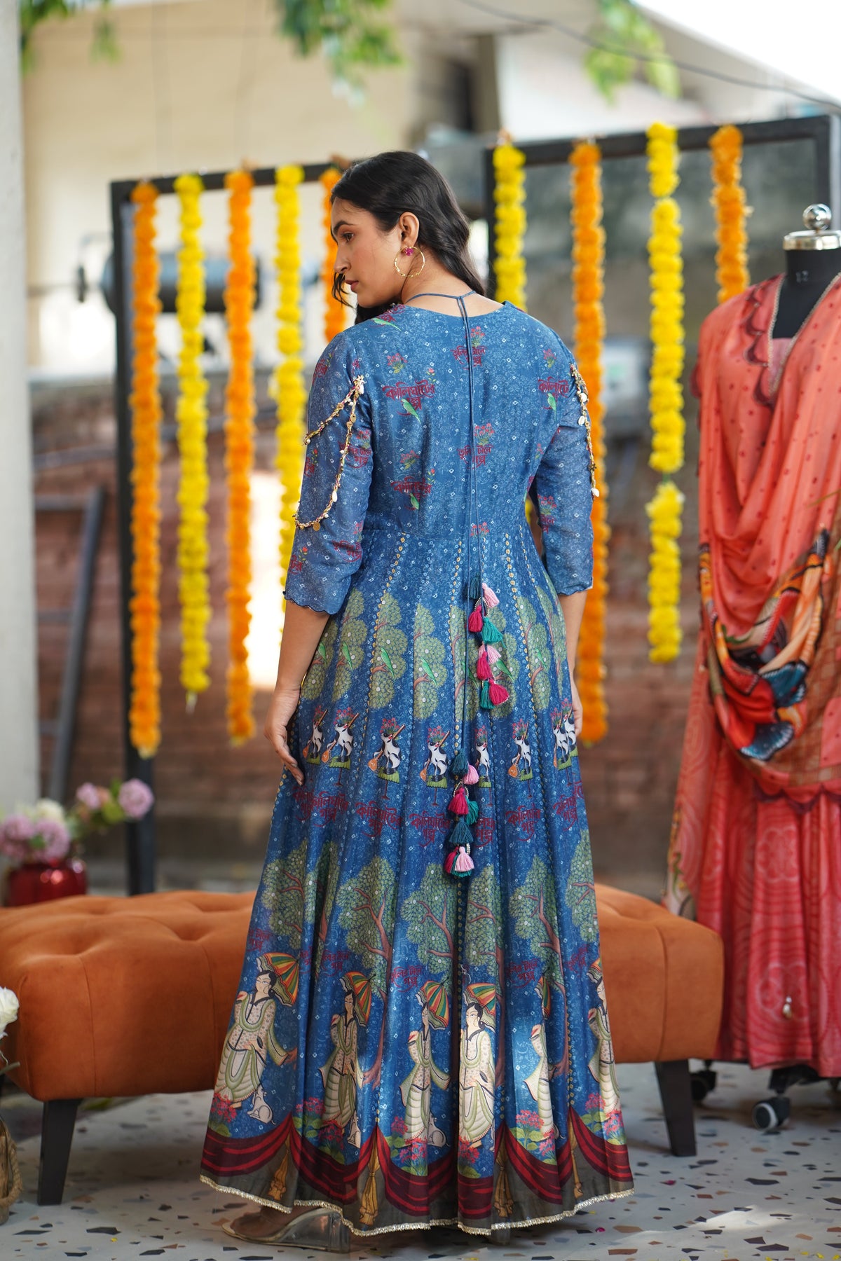 Blue Kalighat Indian Print Anarkali Dress - Charkha TalesBlue Kalighat Indian Print Anarkali Dress