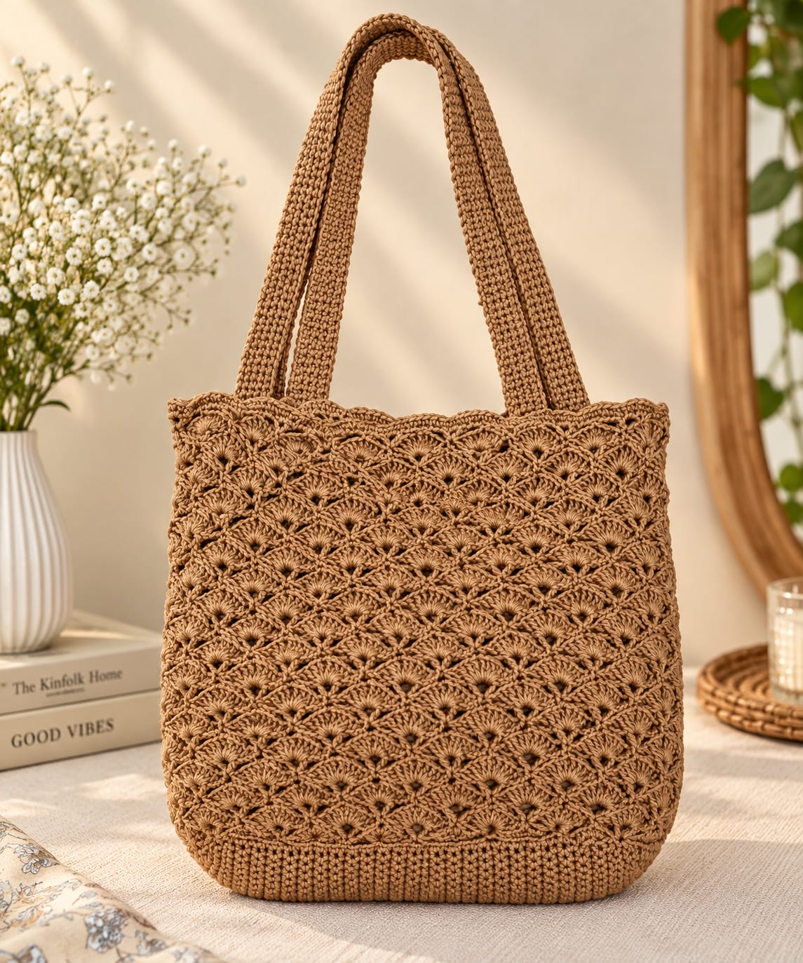 Brown Hand Crochet Tote Bag - Charkha TalesBrown Hand Crochet Tote Bag
