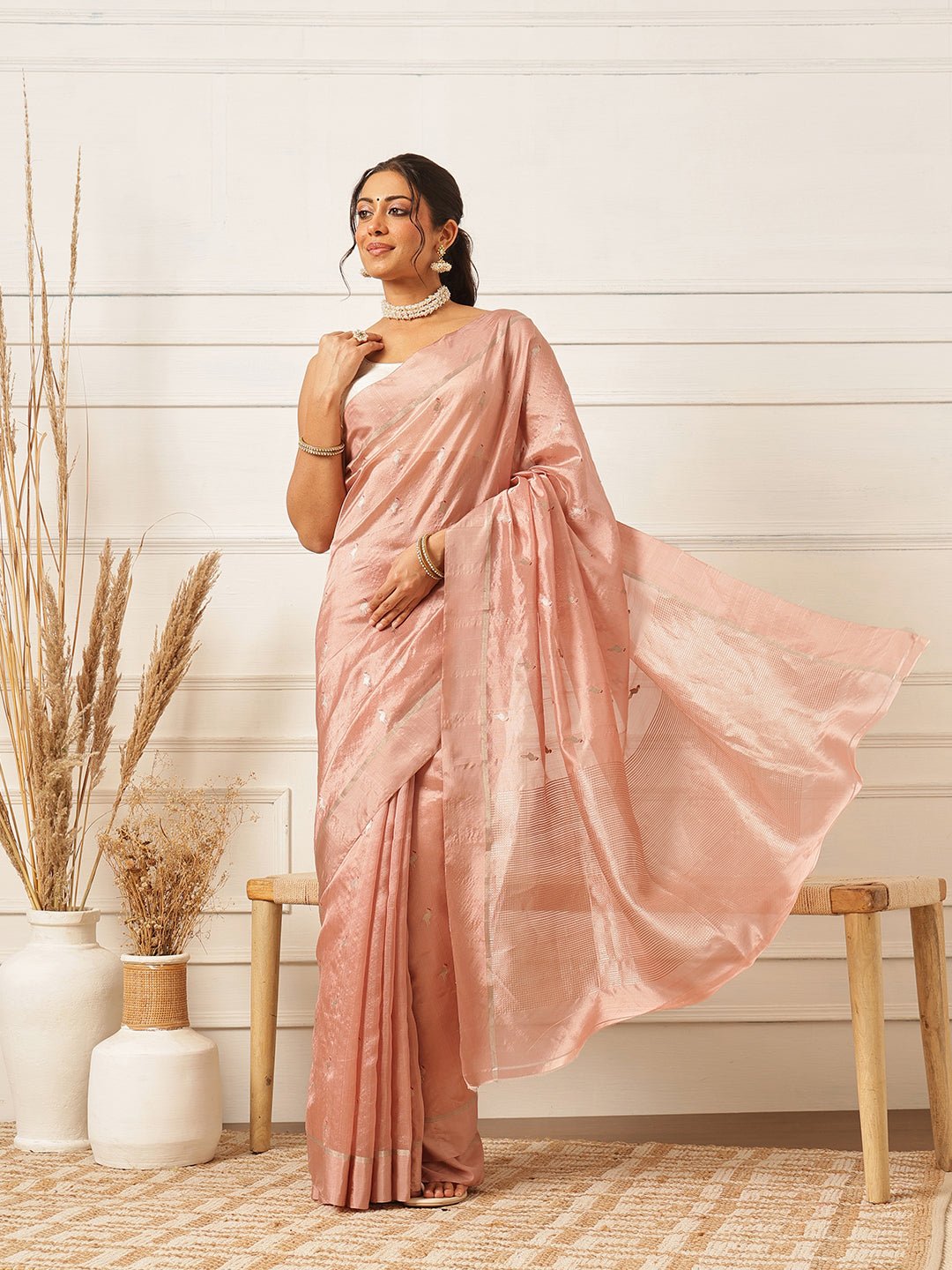 Bird Handloom Chanderi Saree - Peach