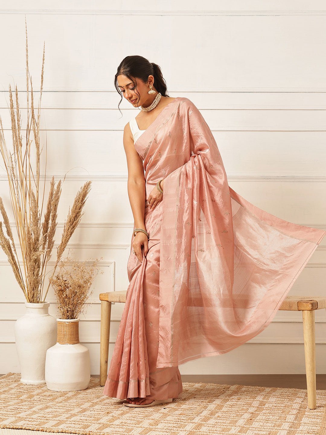Butta Pure Chanderi Saree - Peach - Charkha TalesButta Pure Chanderi Saree - Peach