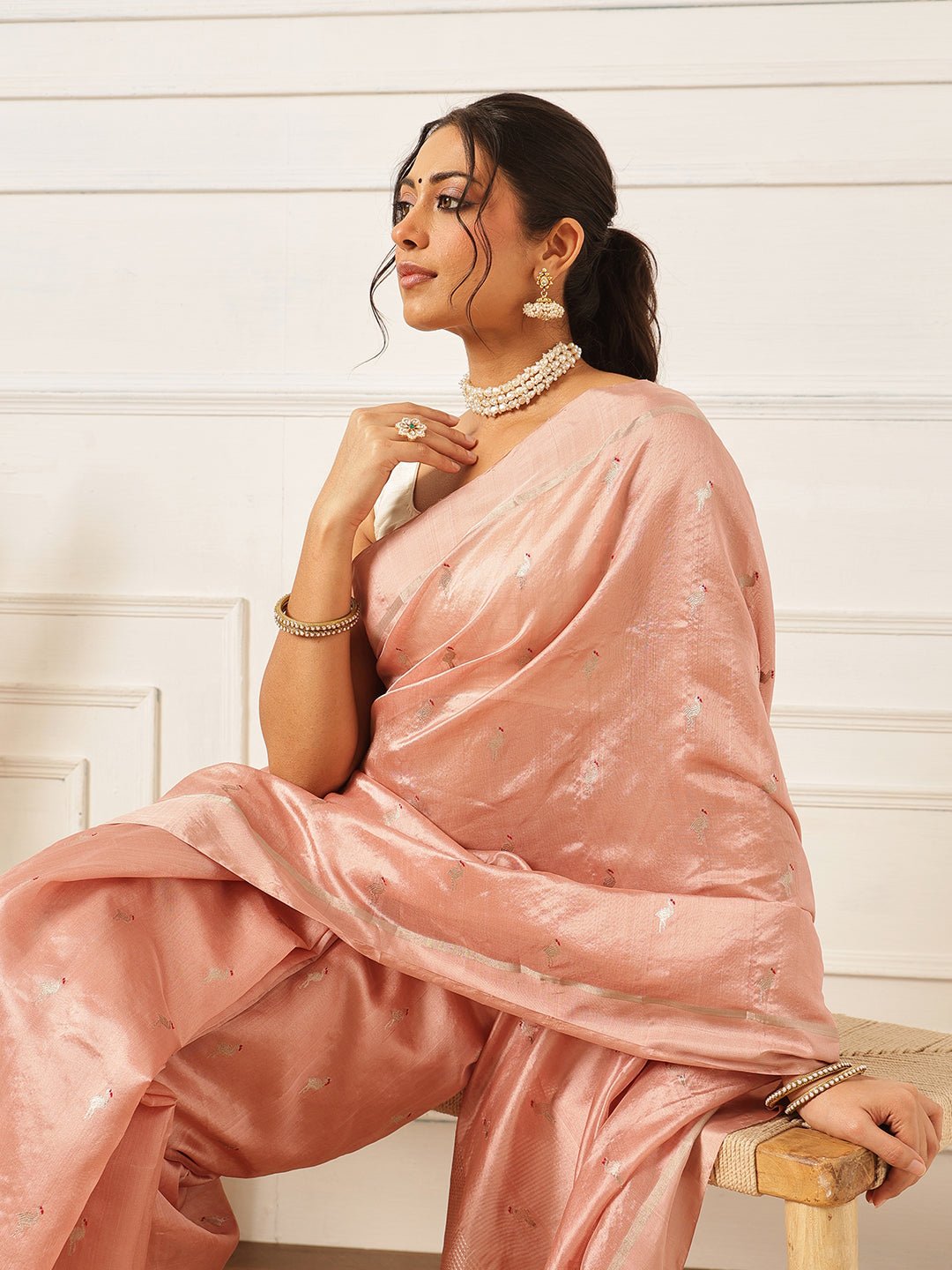 Butta Pure Chanderi Saree - Peach - Charkha TalesButta Pure Chanderi Saree - Peach