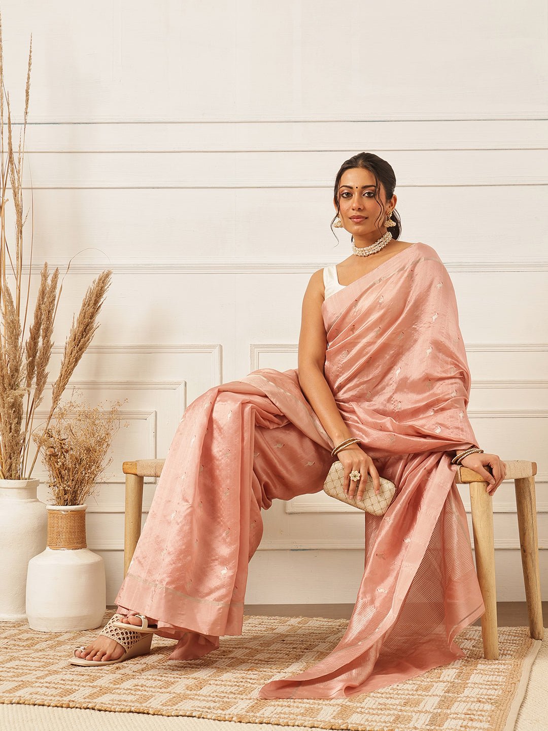 Butta Pure Chanderi Saree - Peach - Charkha TalesButta Pure Chanderi Saree - Peach