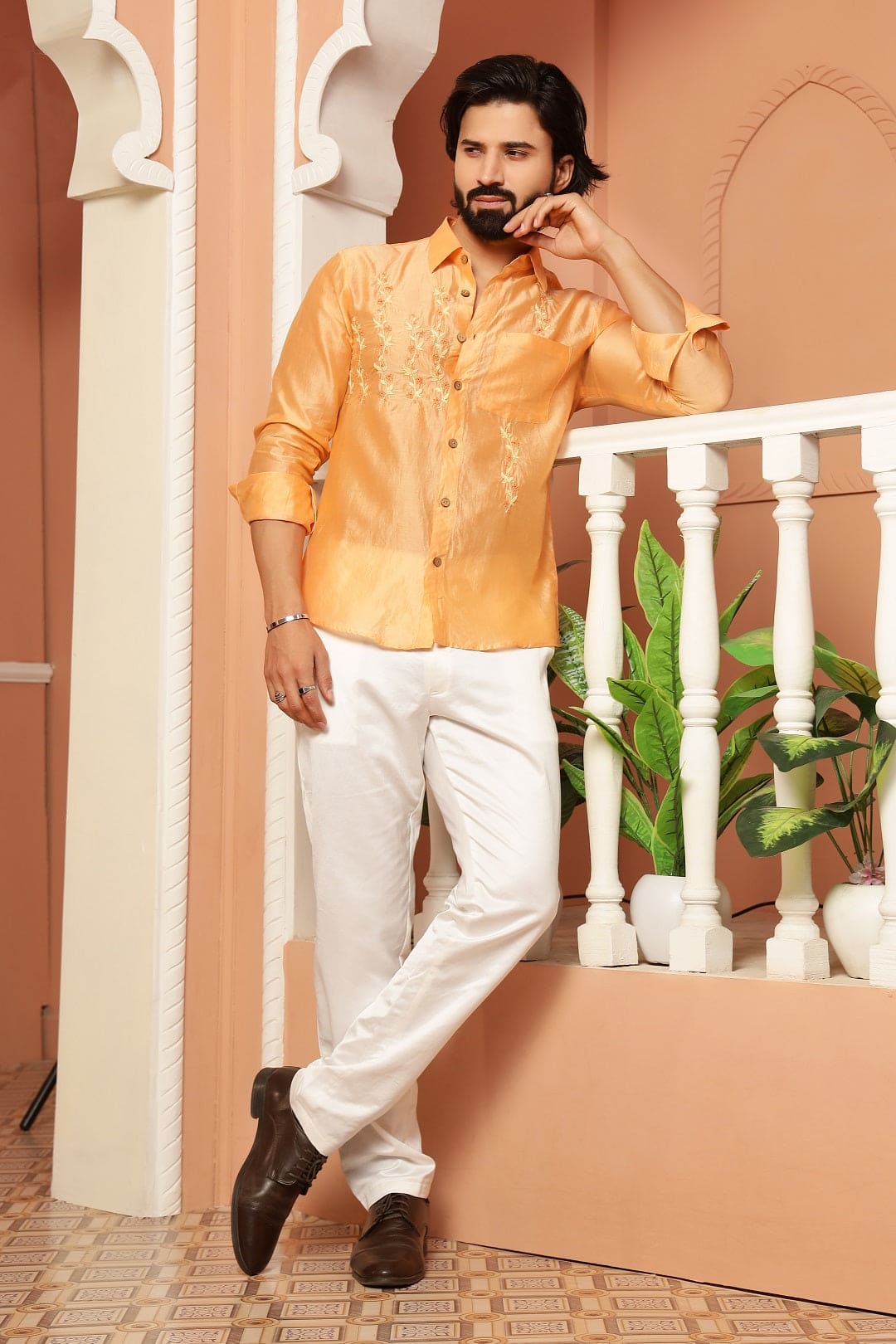 Chanderi Chikankari Men Shirt - Orange - Charkha TalesChanderi Chikankari Men Shirt - Orange