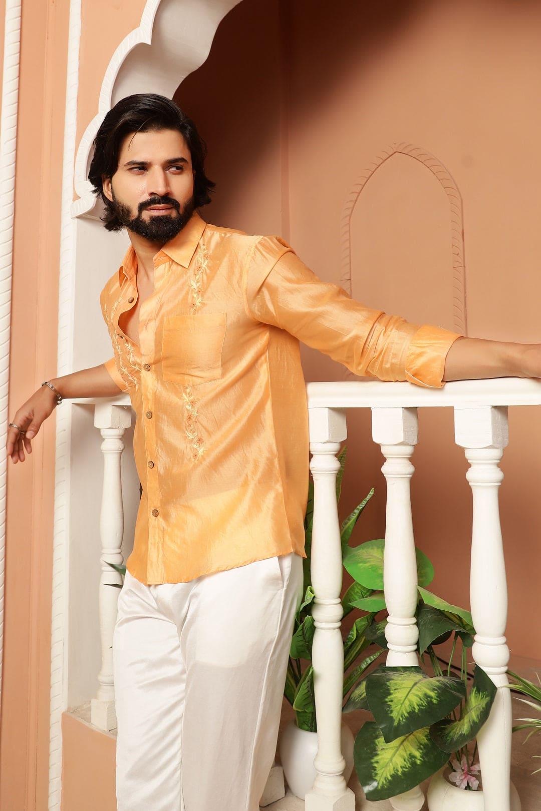 Chanderi Chikankari Men Shirt - Orange - Charkha TalesChanderi Chikankari Men Shirt - Orange