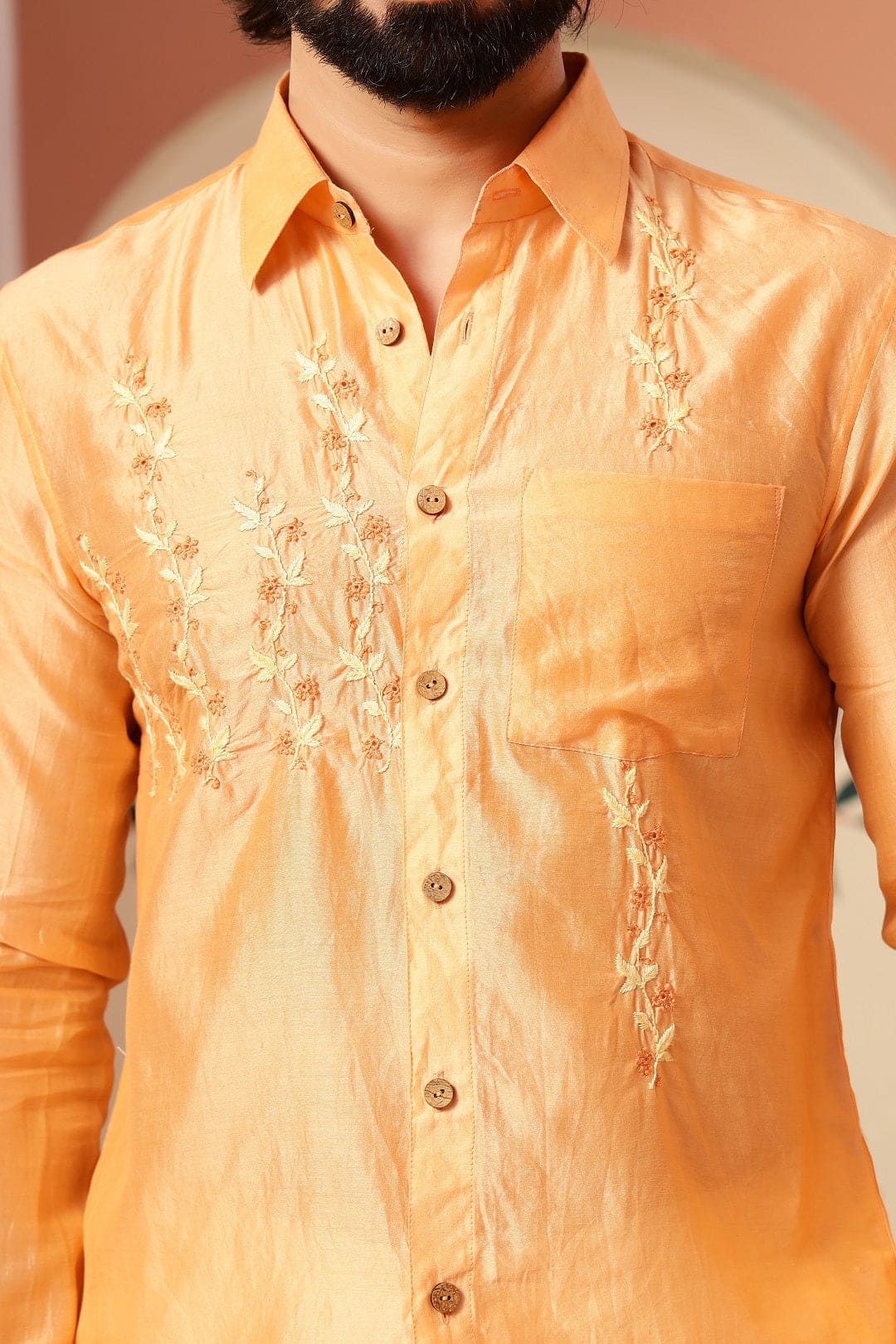 Chanderi Chikankari Men Shirt - Orange - Charkha TalesChanderi Chikankari Men Shirt - Orange