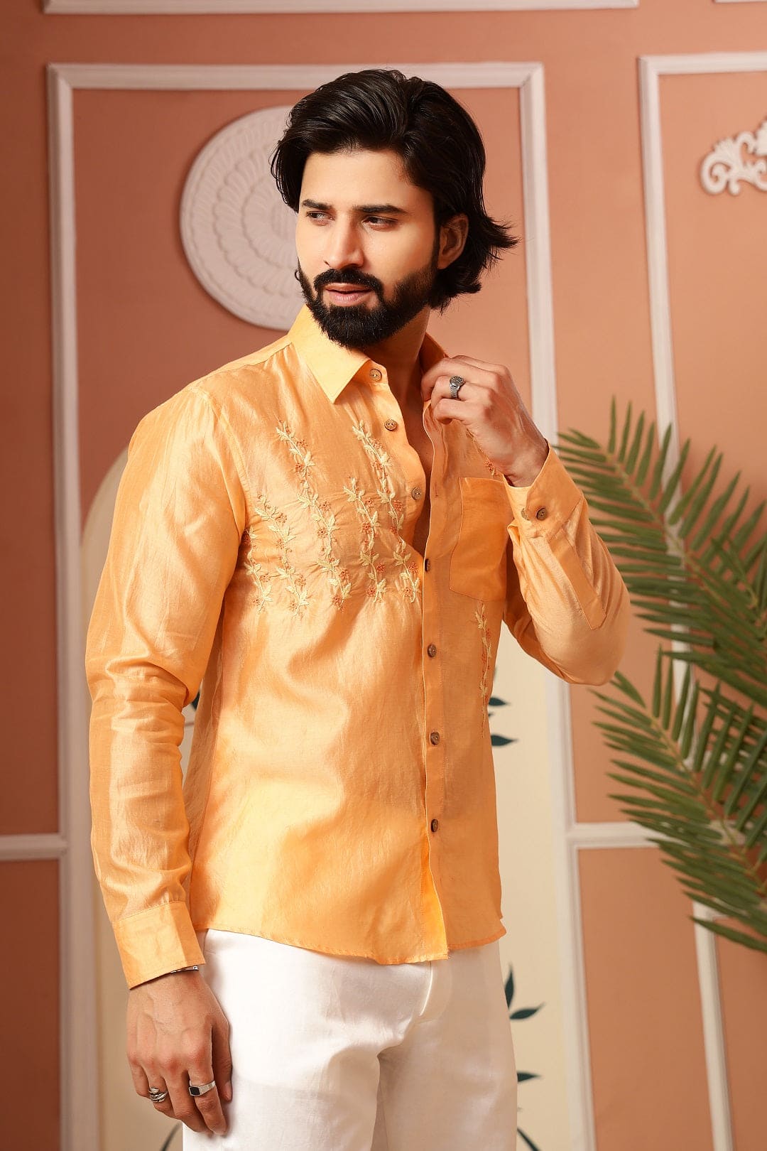 Chanderi Chikankari Men Shirt - Orange - Charkha TalesChanderi Chikankari Men Shirt - Orange