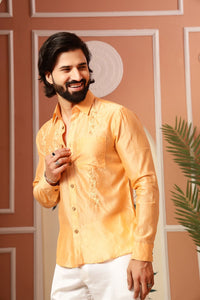 Chanderi Chikankari Men Shirt - Orange