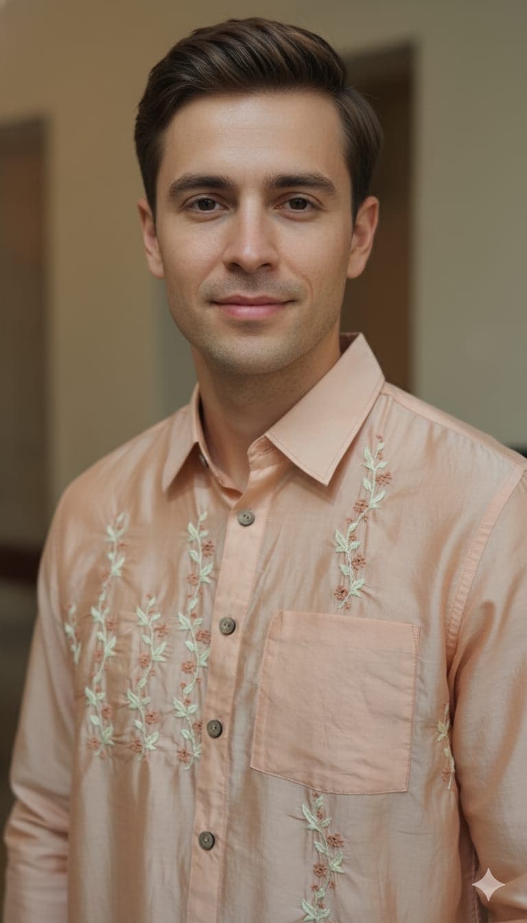 Chanderi Hand Embroidered Men Shirt - Peach - Charkha TalesChanderi Hand Embroidered Men Shirt - Peach