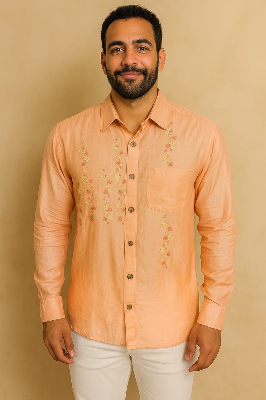 Chanderi Hand Embroidered Men Shirt - Peach - Charkha TalesChanderi Hand Embroidered Men Shirt - Peach