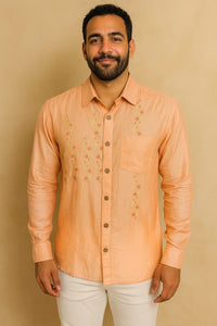 Chanderi Hand Embroidered Men Shirt – Peach