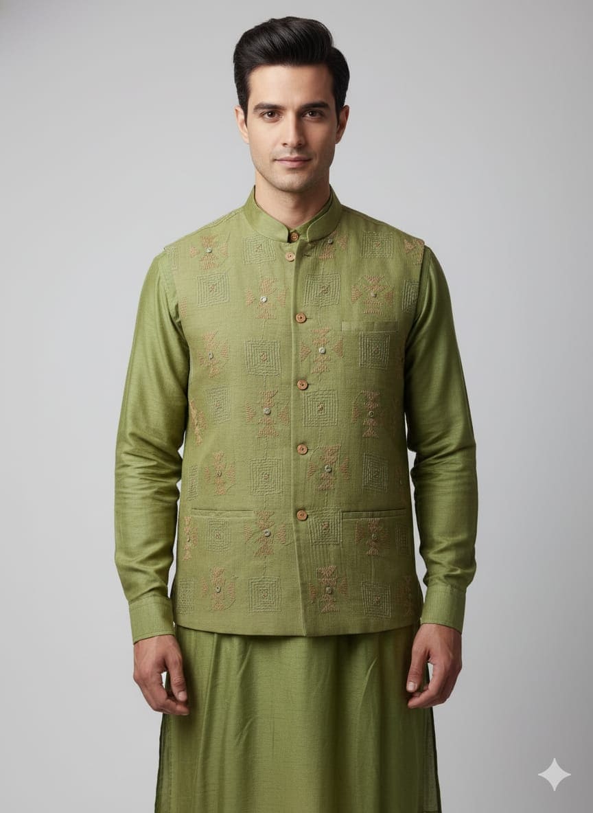 Chanderi Kantha Men Kurta Set - Green - Charkha TalesChanderi Kantha Men Kurta Set - Green