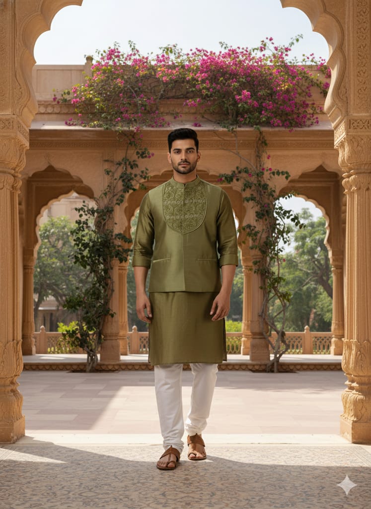 Chanderi Men Nehru Jacket & Kurta Set - Green - Charkha TalesChanderi Men Nehru Jacket & Kurta Set - Green