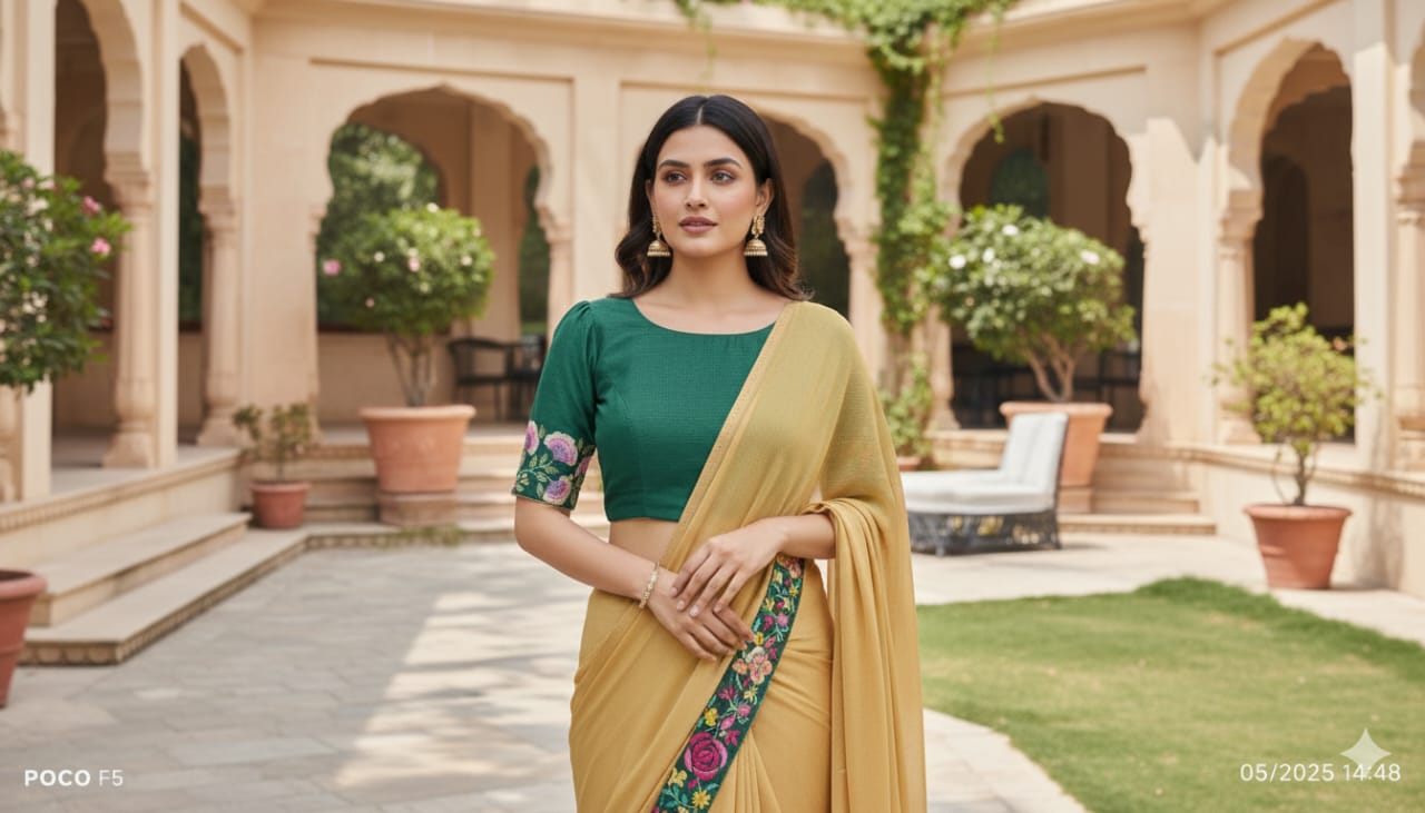 Chanderi Mukaish Blouse With Saree - Green - Charkha TalesChanderi Mukaish Blouse With Saree - Green