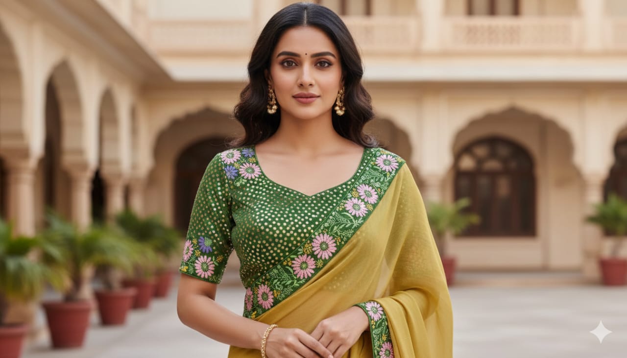 Chanderi Reshum Adda Work Saree With Blouse - Green - Charkha TalesChanderi Reshum Adda Work Saree With Blouse - Green