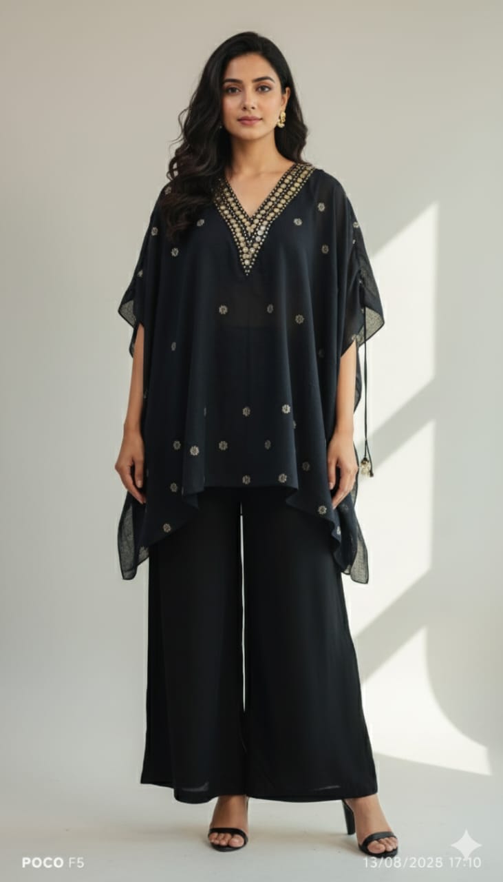 Chanderi Sequin Women Kurta Set - Black - Charkha TalesChanderi Sequin Women Kurta Set - Black