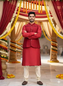 Chanderi Silk Men Kurta Set - Red