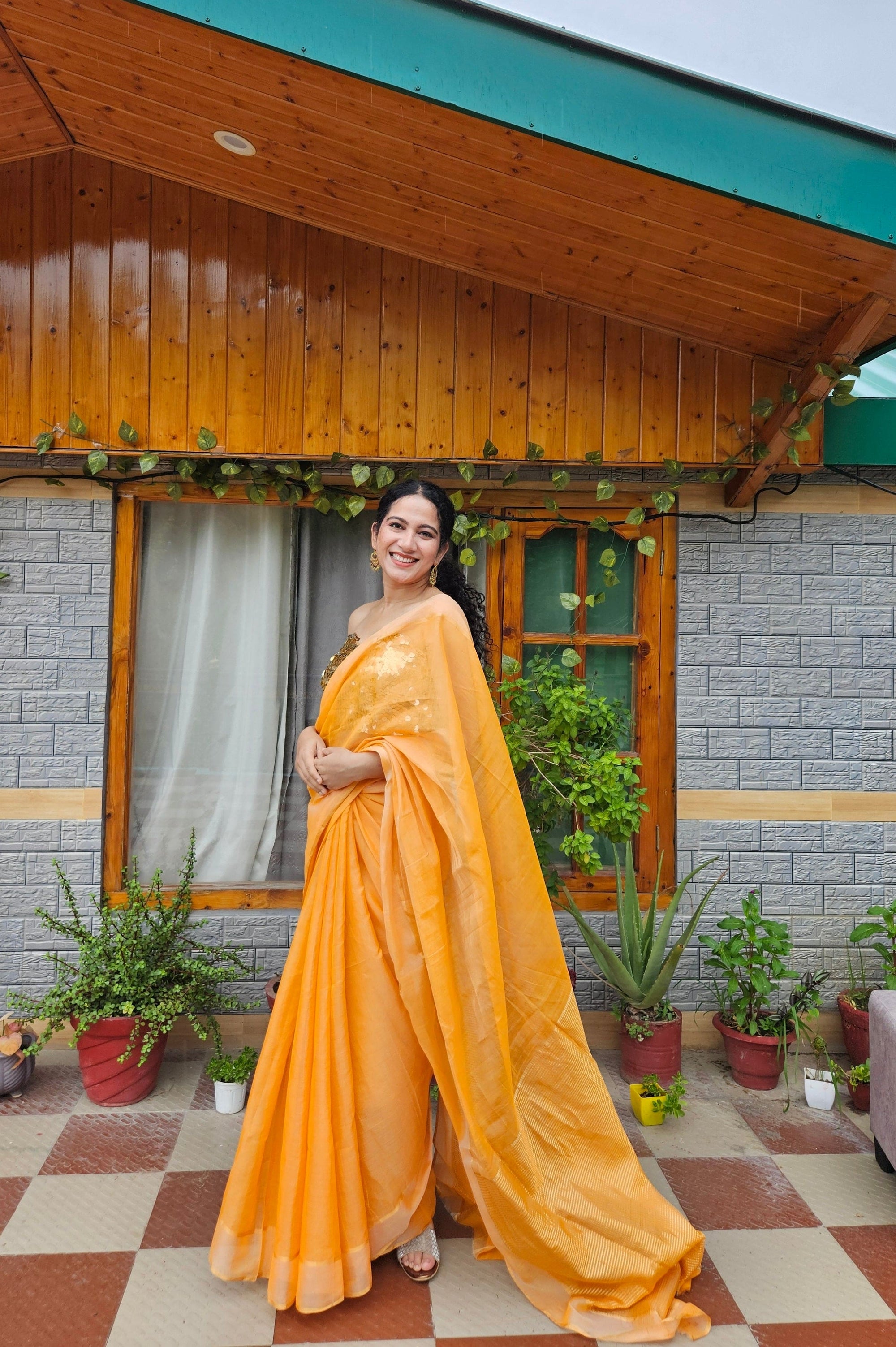 Chanderi Silk Saree - Orange - Charkha TalesChanderi Silk Saree - Orange