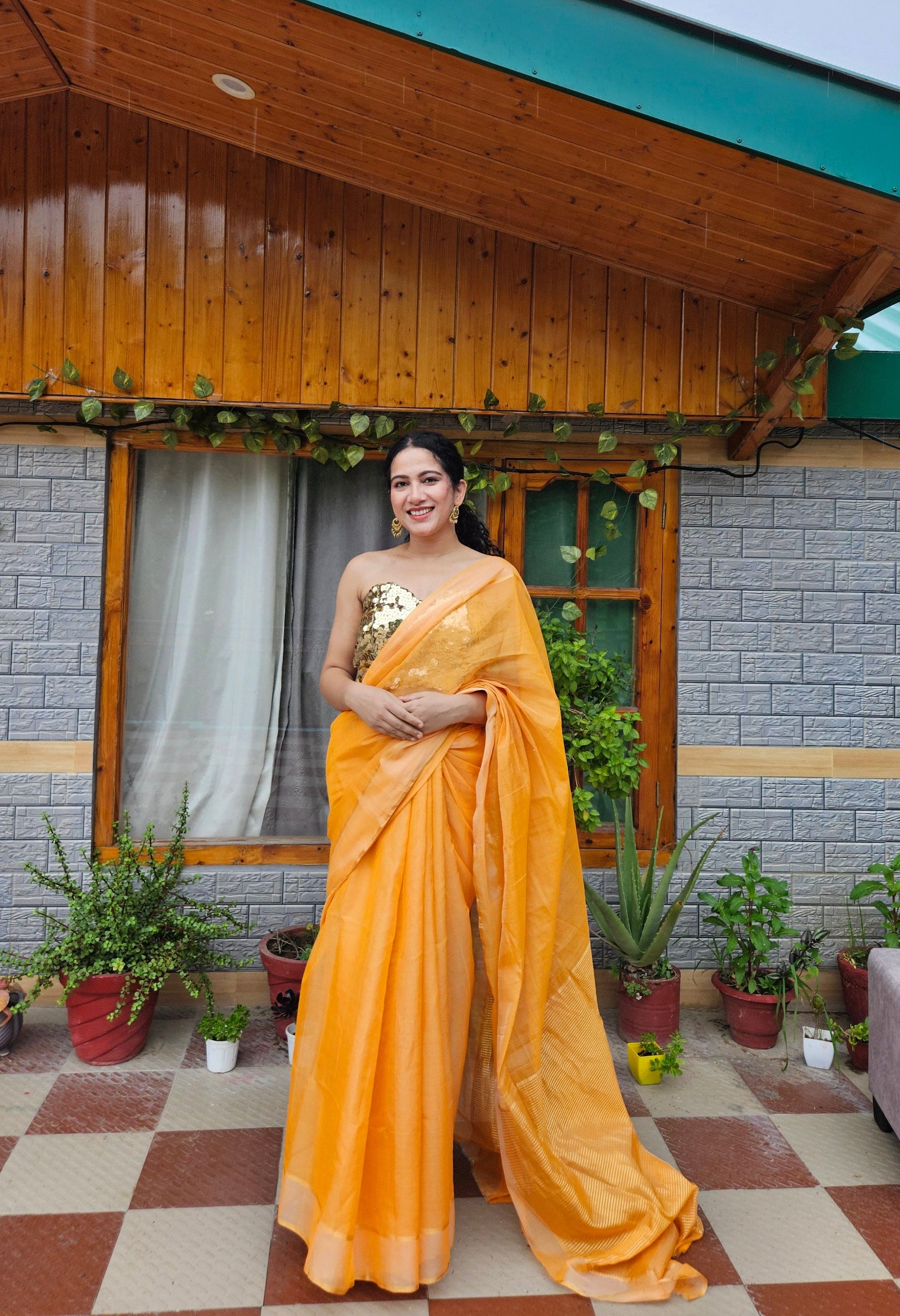 Chanderi Silk Saree - Orange - Charkha TalesChanderi Silk Saree - Orange