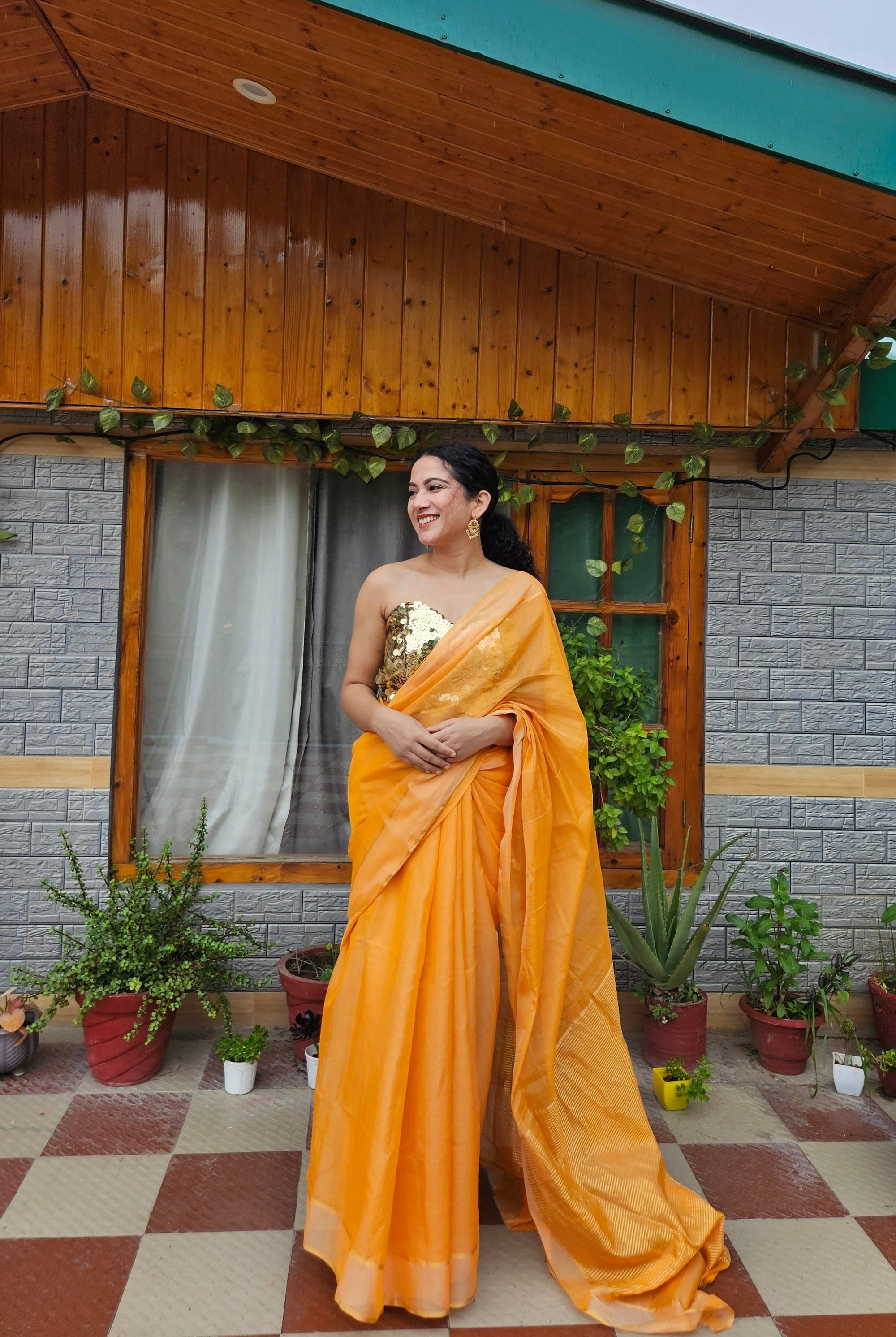 Chanderi Silk Saree - Orange - Charkha TalesChanderi Silk Saree - Orange
