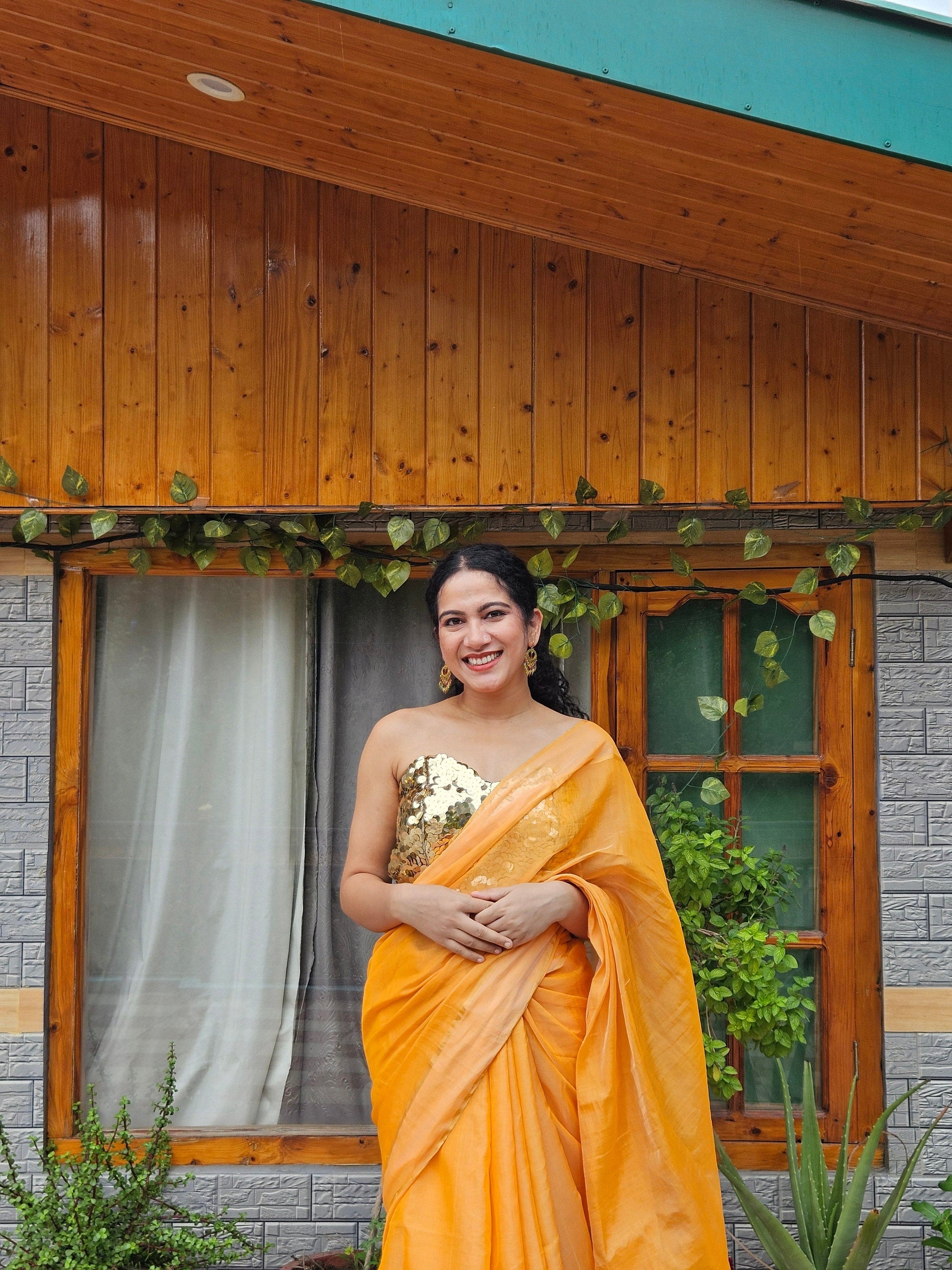 Chanderi Silk Saree - Orange - Charkha TalesChanderi Silk Saree - Orange