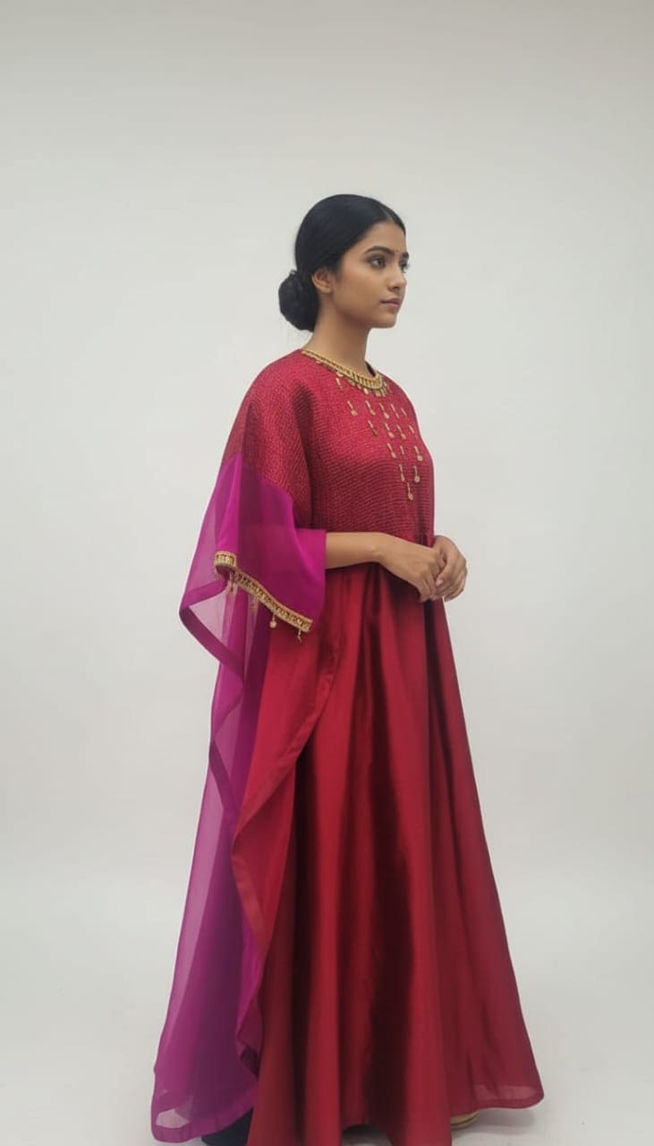Chanderi Tissue Kaftan - Red Pink - Charkha TalesChanderi Tissue Kaftan - Red Pink