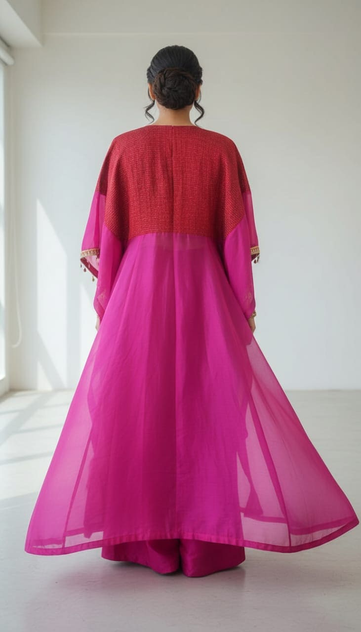 Chanderi Tissue Kaftan - Red Pink - Charkha TalesChanderi Tissue Kaftan - Red Pink