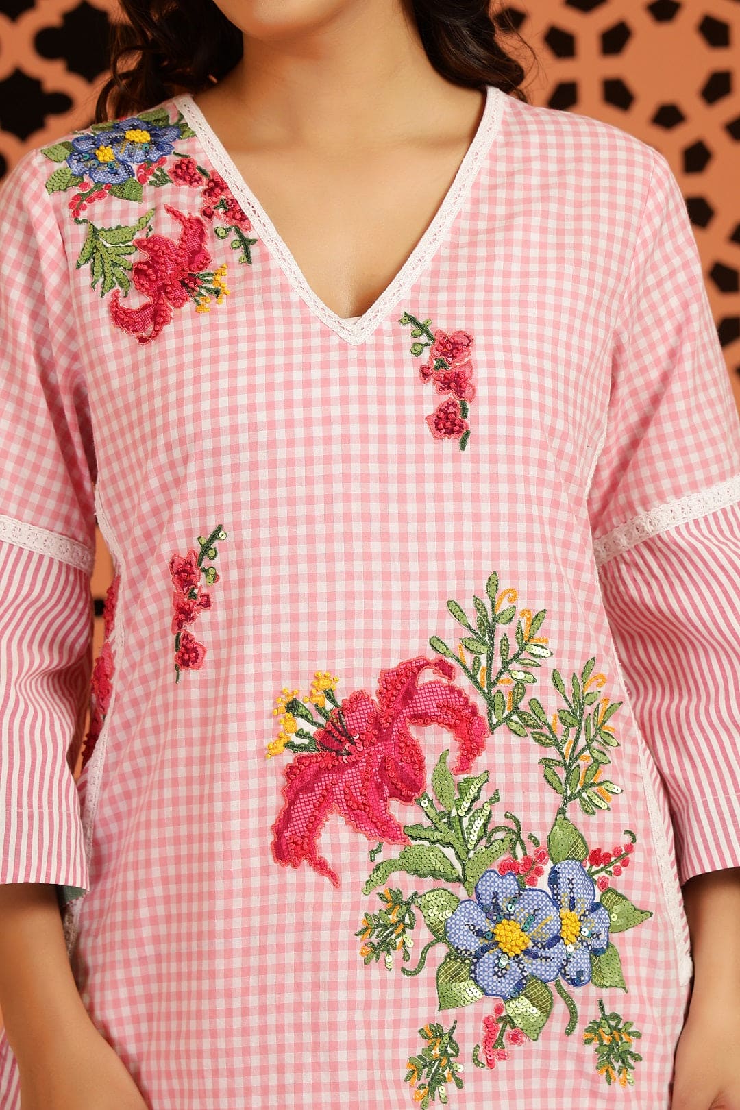 Checks digital printed co - ord set - Pink - Charkha TalesChecks digital printed co - ord set - Pink