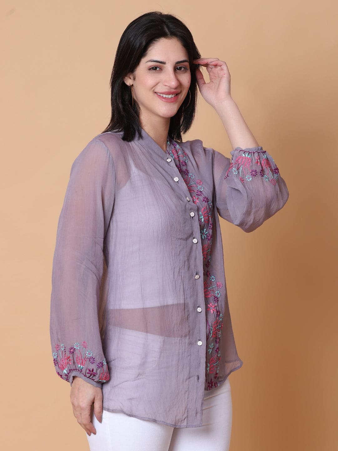 Chikan Women Top - Purple - Charkha TalesChikan Women Top - Purple