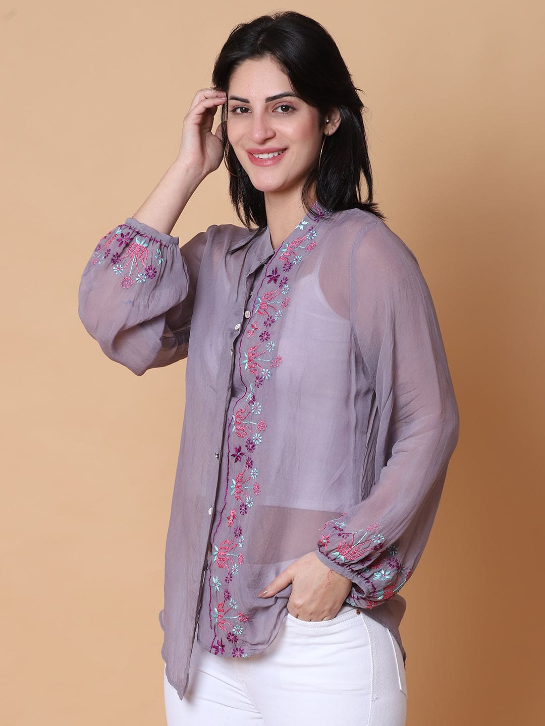 Chikan Women Top - Purple - Charkha TalesChikan Women Top - Purple