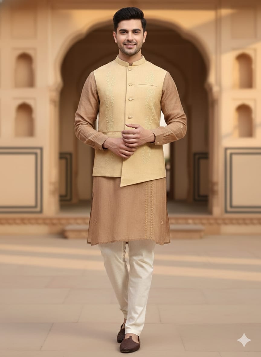 Chikankari Cotton Men Kurta Set - Brown - Charkha TalesChikankari Cotton Men Kurta Set - Brown