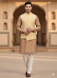 Chikankari Cotton Men Kurta Set - Brown
