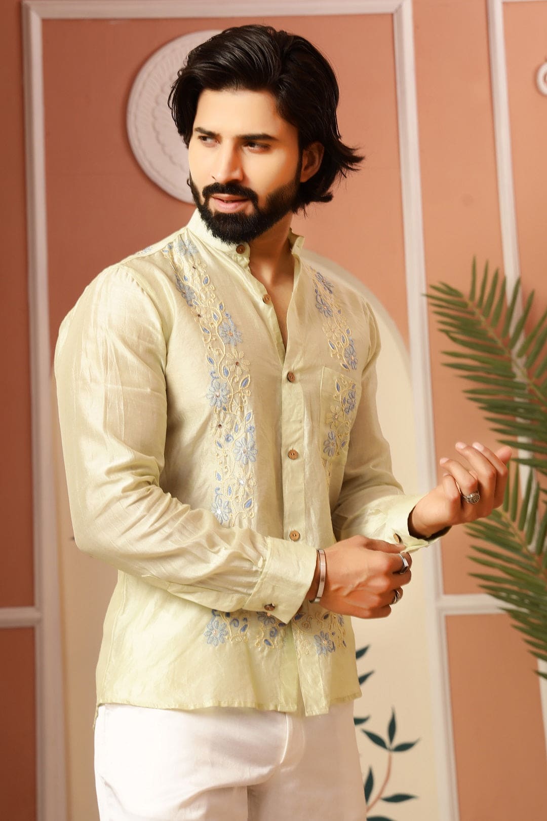Chikankari Men Shirt - Pista Green - Charkha TalesChikankari Men Shirt - Pista Green
