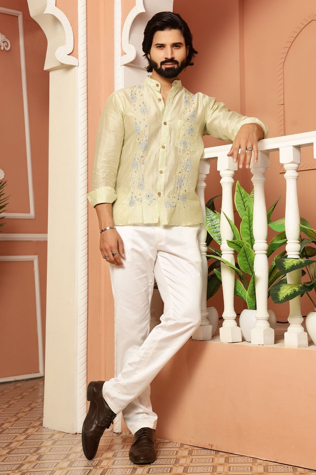 Chikankari Men Shirt - Pista Green - Charkha TalesChikankari Men Shirt - Pista Green