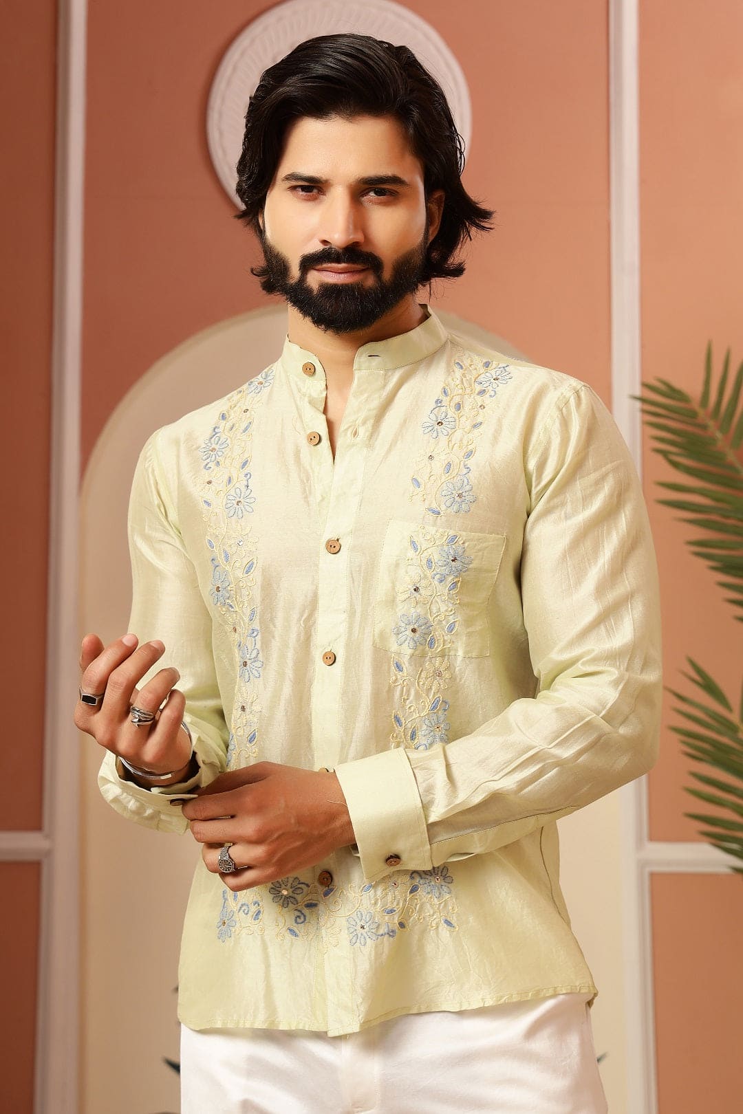 Chikankari Men Shirt - Pista Green - Charkha TalesChikankari Men Shirt - Pista Green