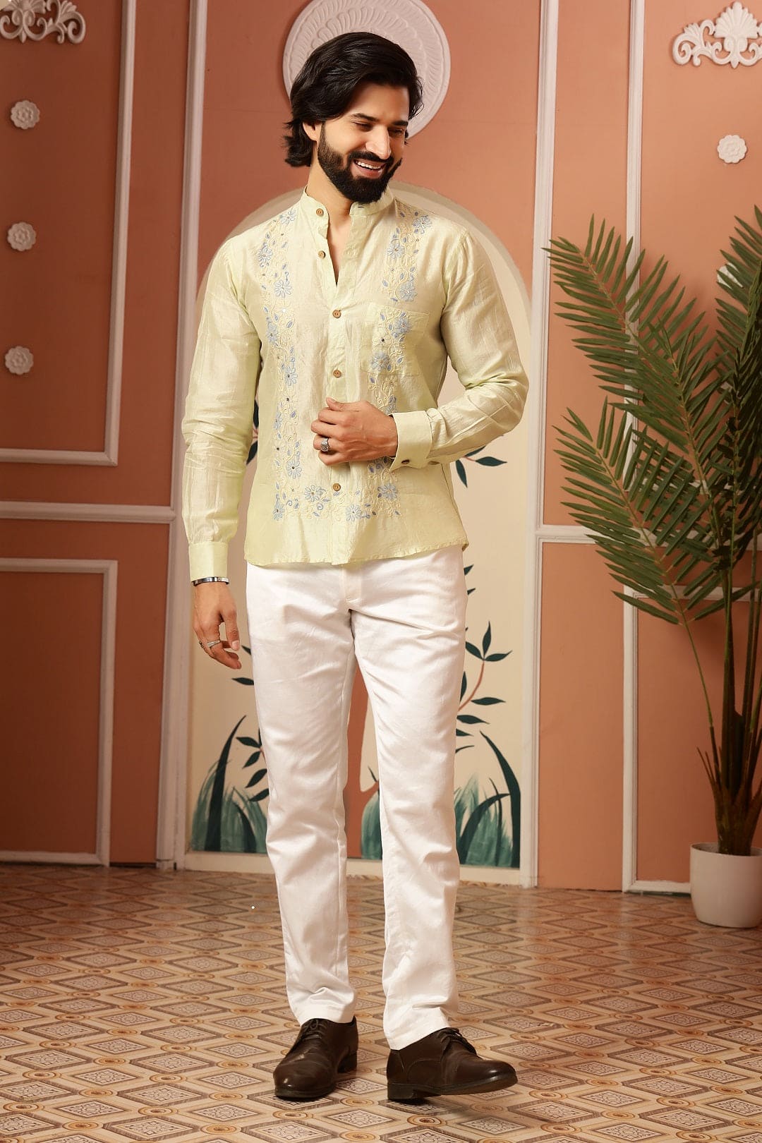 Chikankari Men Shirt - Pista Green - Charkha TalesChikankari Men Shirt - Pista Green