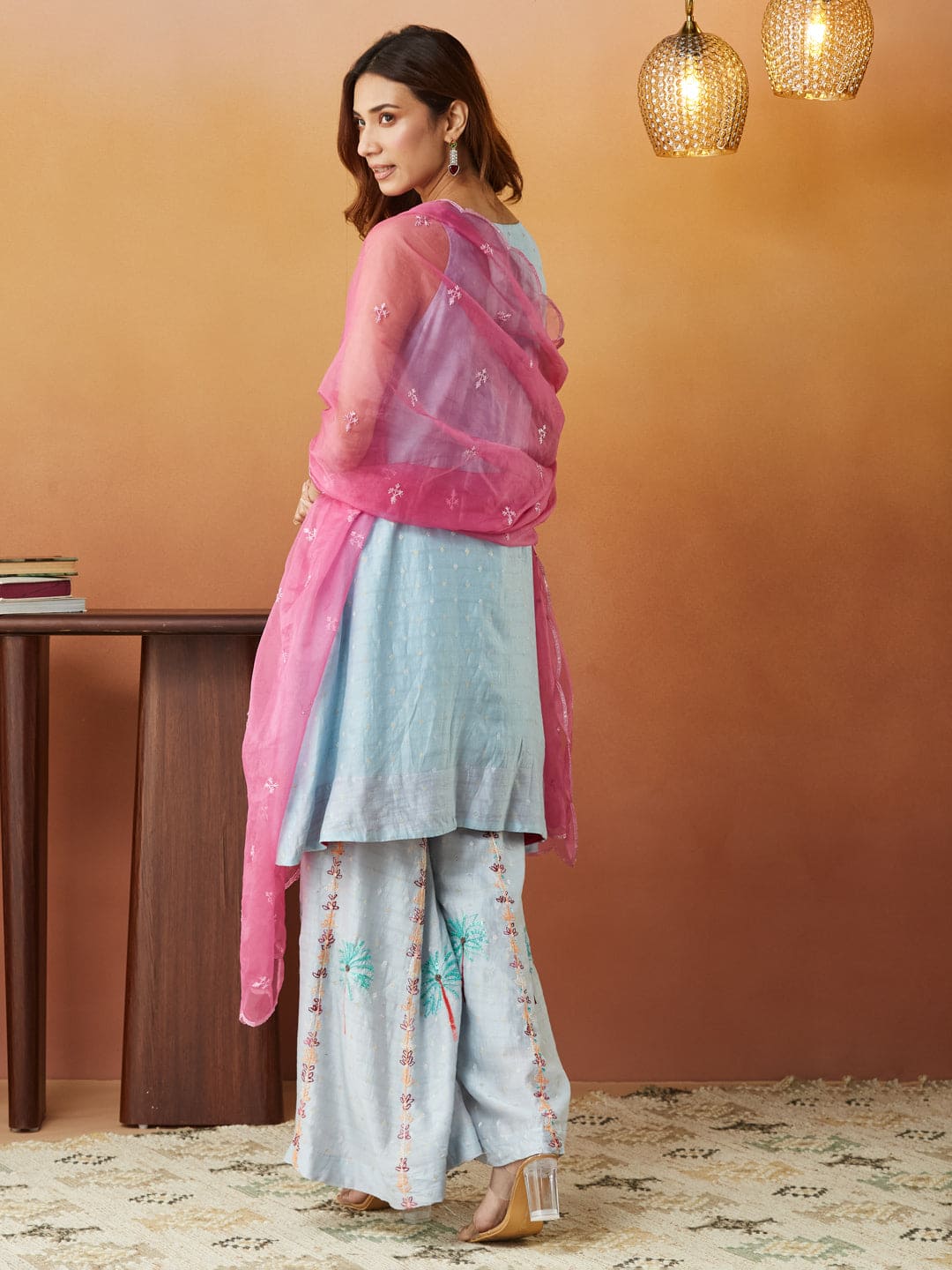 Chikankari Sharara Set - Sky Blue - Charkha TalesChikankari Sharara Set - Sky Blue