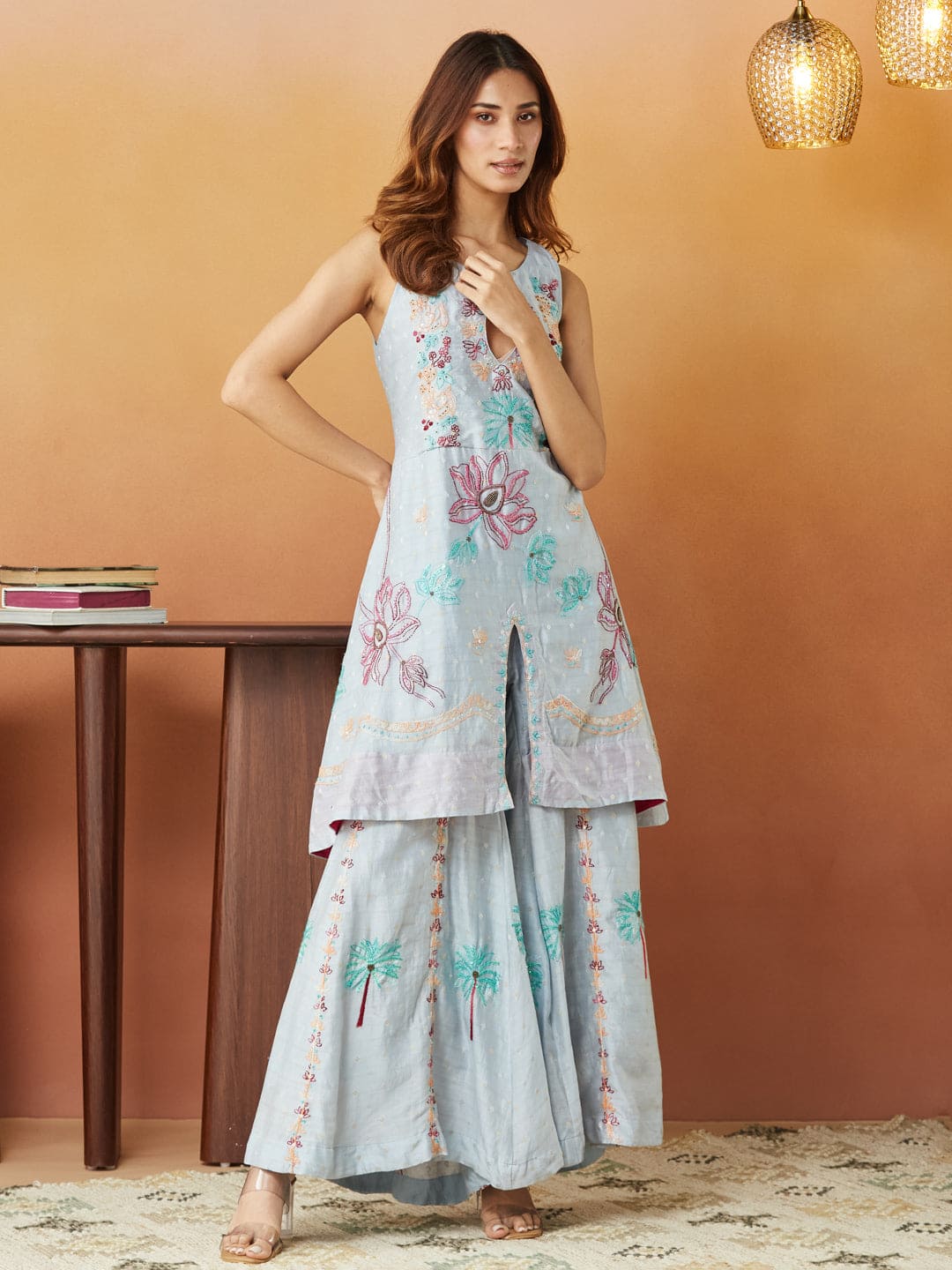 Chikankari Sharara Set - Sky Blue - Charkha TalesChikankari Sharara Set - Sky Blue