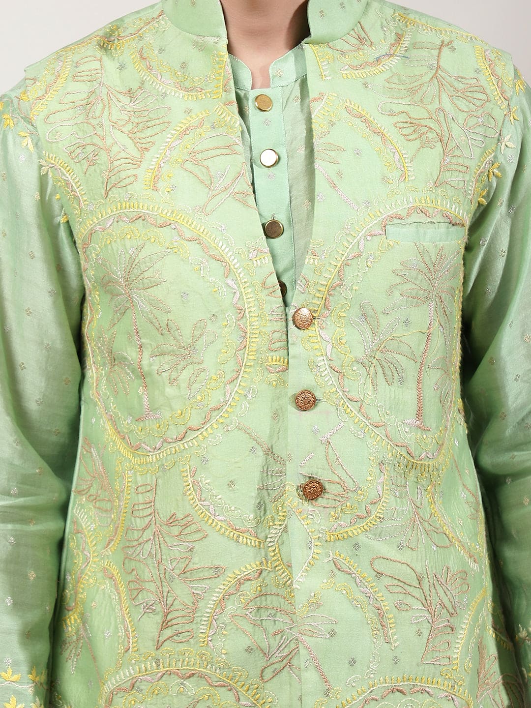ChikanKari Silk Kurta Set - Green - Charkha TalesChikanKari Silk Kurta Set - Green