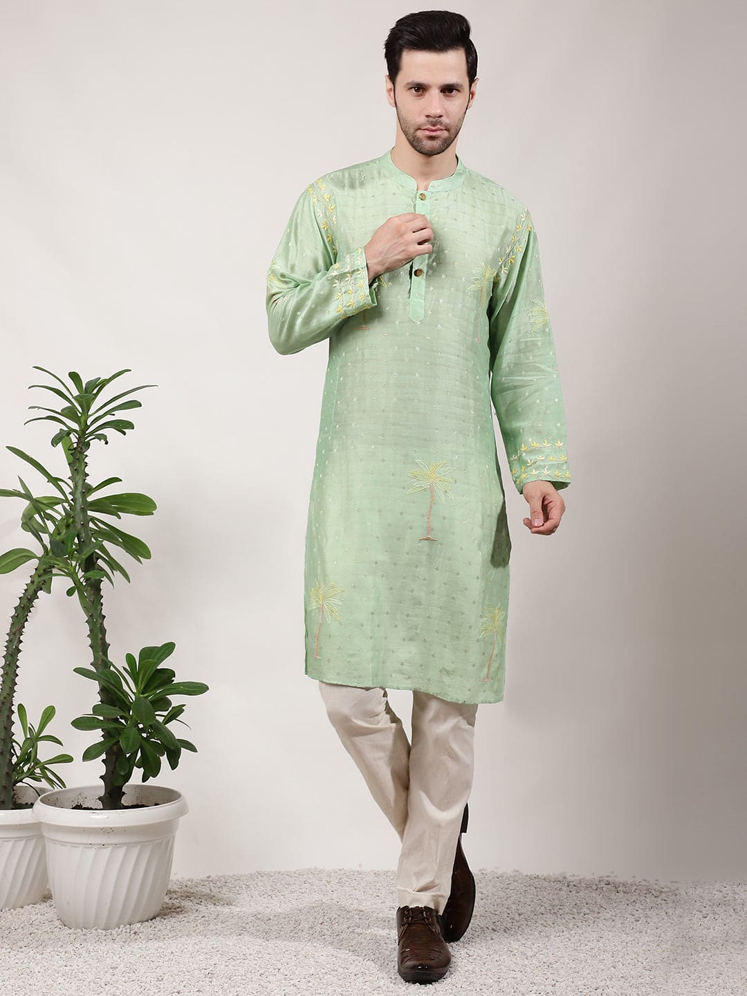 ChikanKari Silk Kurta Set - Green - Charkha TalesChikanKari Silk Kurta Set - Green